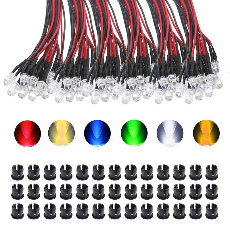 KeeYees 60Pcs 5mm Pre Wired LED Diodes Light Ultra Bright -White Warm White Red Blue Green Yellow (10PCS X 6 Colors) + 60Pcs 5mm Plastic LED Holder LED Light Mounting Holders - Image 1